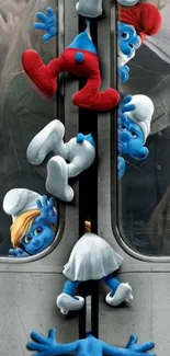 Cartoon characters in a subway train scene with playful antics.