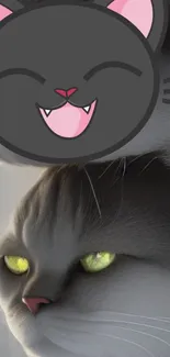 Cat with green eyes and playful emoji mask wallpaper.