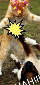 Playful cats battling in cartoon style with vibrant colors.