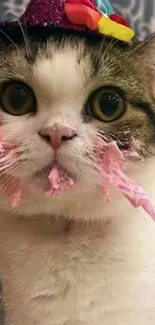 Funny cat with a party hat and cake on its face.