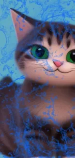 Cartoon cat with blue splashes on blue background.