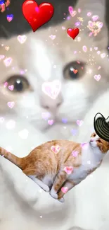 Playful cat with hearts and sombrero on vibrant wallpaper.