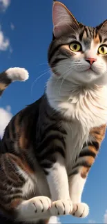 Cute cat playfully leaping in a bright blue sky with fluffy clouds.