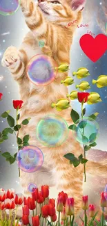 Whimsical image of a cat with roses and bubbles in a cosmic scene.