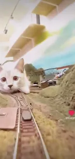 Cute kitten in a whimsical miniature world on railway tracks.