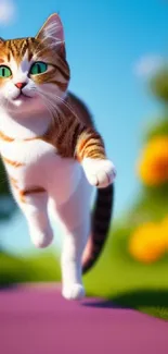 Playful cat leaping in vibrant nature with green grass and orange flowers.