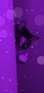 Playful cat in purple hue peeking from doorway wallpaper.