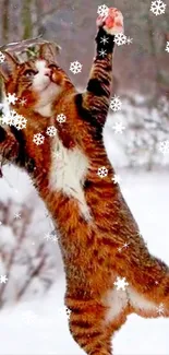 A cat joyfully leaps through falling snowflakes in a snowy landscape.