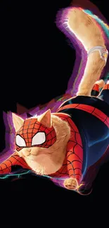 Whimsical cat in Spider-Man costume on black background.