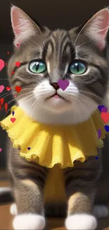 Cute kitten with yellow ruffle in bright light.