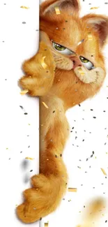 Playful ginger cat with confetti on phone wallpaper.