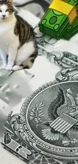 Cute cat sitting on a dollar bill with money stacks in foreground.