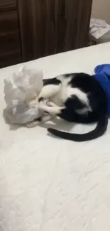 Black and white cat playing on a white bed with tissue paper.