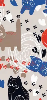 Whimsical cat wallpaper with colorful patterns.