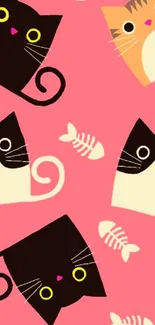 Playful cat pattern wallpaper with pink background and cute felines.