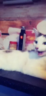 Playful cat on countertop with rustic decor.