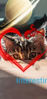 Cute cat with heart and Saturn background wallpaper.