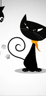 Playful black cat with orange collar and paw prints on a minimalist background.