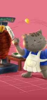 Cute cat chef making tacos on a pink background wallpaper.