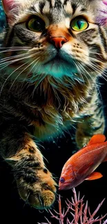 Playful cat underwater with fish in vibrant scene.