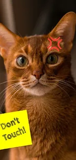 Playful brown cat with a humorous warning note on phone wallpaper.