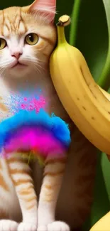 A cat with bananas and colorful splashes on a green background.