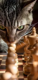 Cat playfully exploring chessboard with pieces under sunlight.