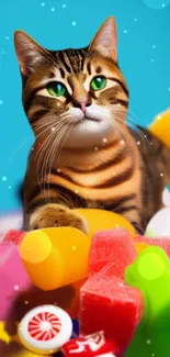 Playful cat with colorful toys in vibrant background.