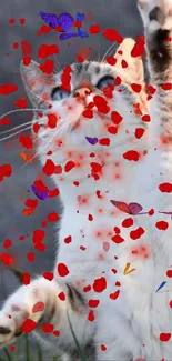 Playful kitten surrounded by falling red petals and colorful butterflies.