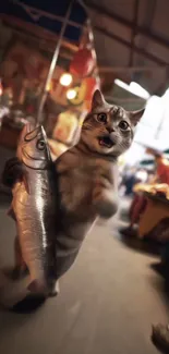 Animated cat holding a fish in market scene