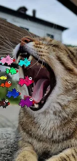 Playful cat with mouth open and colorful cartoon fish art inside.