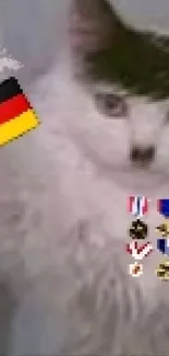 Adorable cat with German flag decorations and medals, playful wallpaper design.