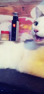 Playful white cat in front of floral background on a counter.