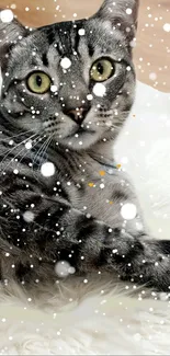 Playful cat with snowflakes on a fluffy white blanket.