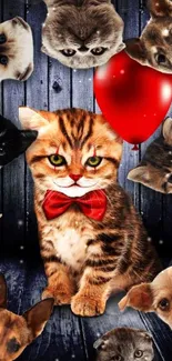 Tabby cat with red bowtie surrounded by curious pets and red balloon.