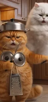 Two playful cats in a kitchen with utensils.