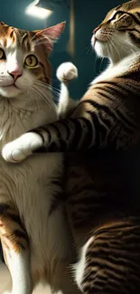 Two playful brown tabby cats standing indoors.