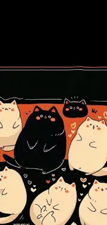 Playful cartoon cats on a dark backdrop with hearts.