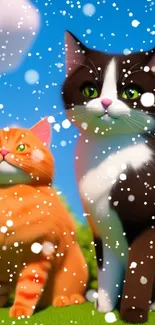 Animated cats sitting under a vibrant blue sky with lush greenery.