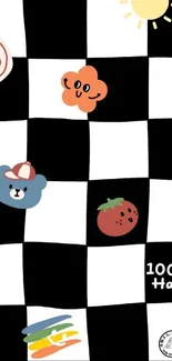 Playful checkerboard wallpaper with cute icons