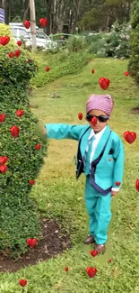 Child in garden surrounded by hearts wearing colorful outfit.