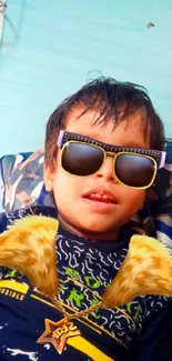 Child with sunglasses, playful design, bright wallpaper.