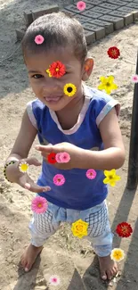 Child playing outdoors in sunny yard with bricks.