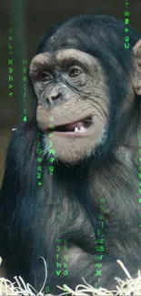 Playful chimpanzee in natural setting, captured on mobile wallpaper.