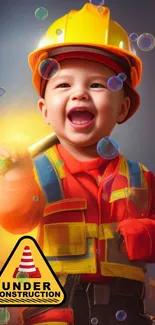 Joyful child in construction attire with bright colors.