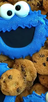 Cookie Monster surrounded by cookies on a vibrant phone wallpaper.