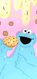 Playful Cookie Monster with cookies on pink wallpaper.