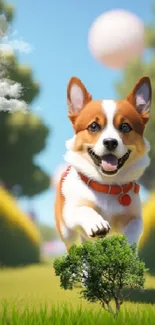 Playful corgi running in a bright, sunlit park on a clear day.