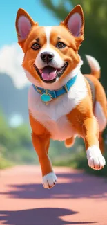 Joyful Corgi running in a sunlit garden with colorful flowers.