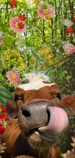 Playful cow amid colorful flowers in a vibrant forest setting.